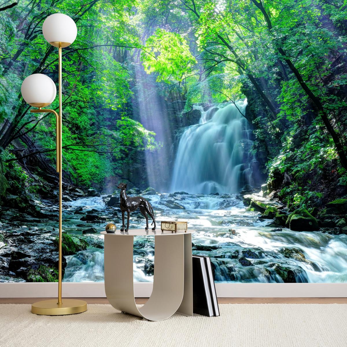 FOTOTAPETE für Schlafzimmer Wasserfall Wald Felsen Bäume Pflanzen 400x280 - Türkis/Blau, Papier (400/280cm) - Muralo