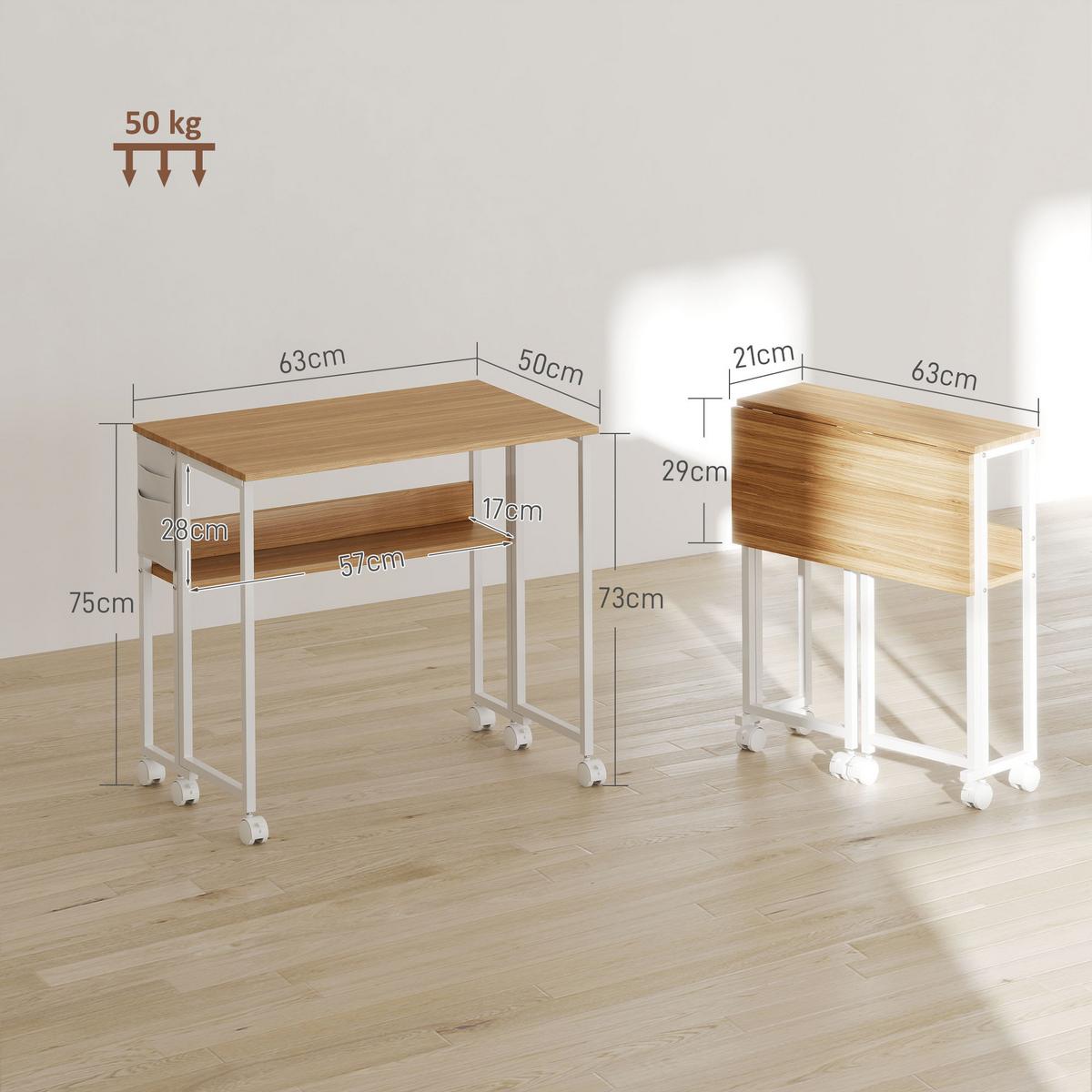 KLAPPBARER-SCHREIBTISCH MDF Stahl Naturholz - Naturfarben, Metall (63/50/75cm) - HOMCOM