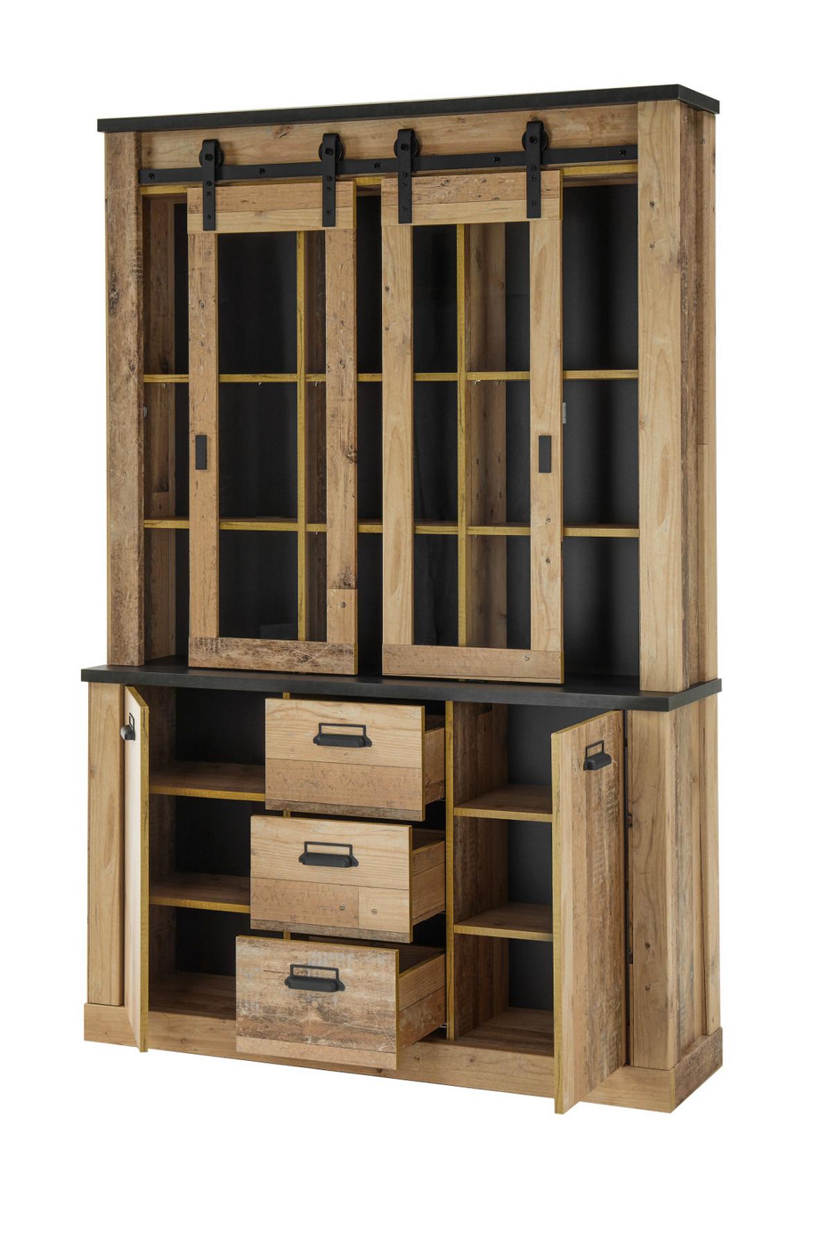 BUFFETSCHRANK Used Wood hell, anthrazit, Vitrinenschrank 133 x 201 cm - Eichefarben/Anthrazit, Holzwerkstoff/Metall (133/201/37cm) - Furn.Design