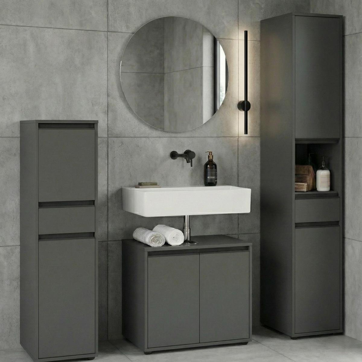 BADMÖBEL-SET HAMBURG 4-teilig | Runder Spiegel, Hochschrank, Unterschrank, Midischrank | Soft-Close & Matt | Steingrau - Grau, Holzwerkstoff (156/190/34cm) - KADIMA DESIGN