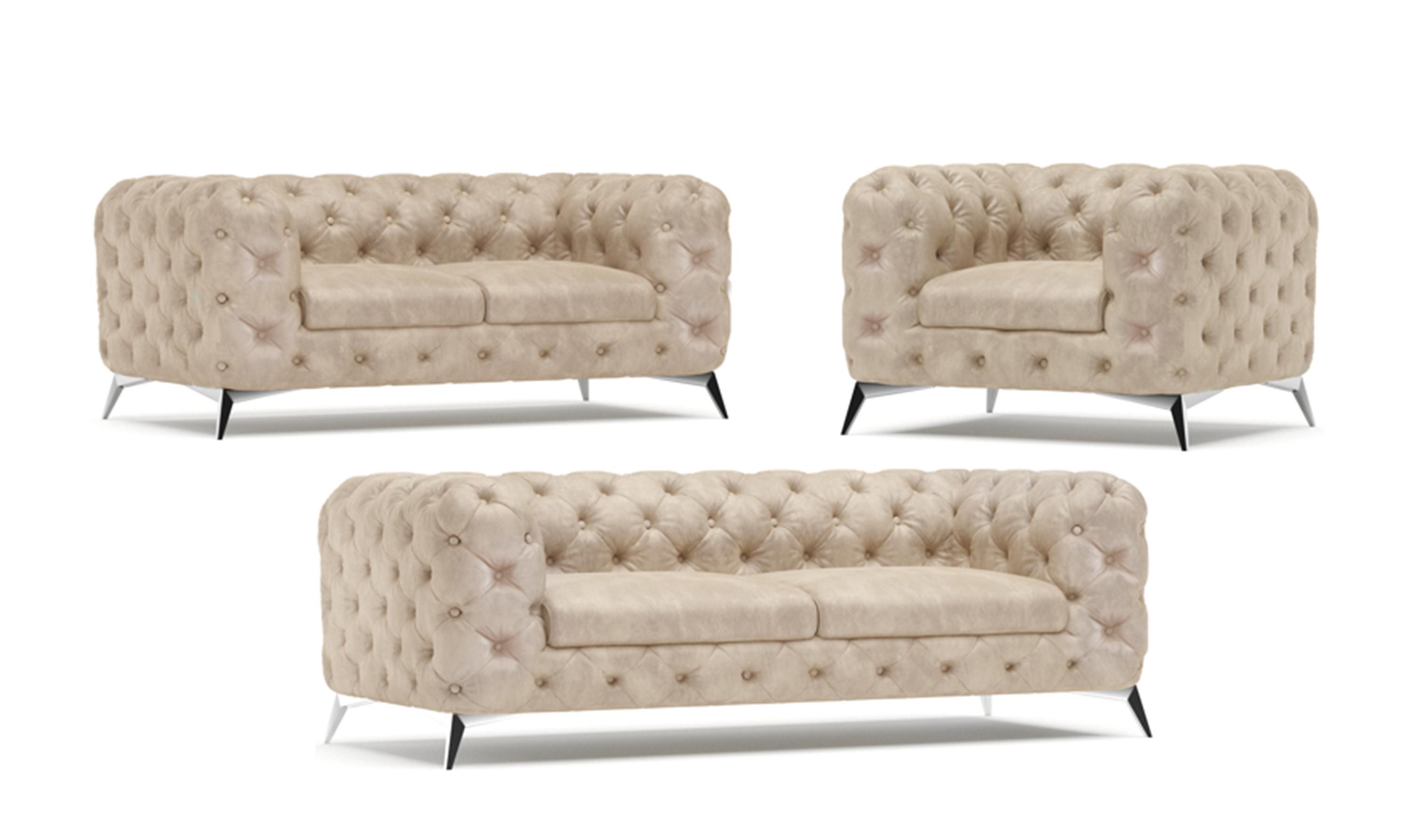 SITZGARNITUR 3+2+1 Chesterfield Quantum Beige Samt - Beige/Silberfarben, Holz/Textil (225/75/100cm) - S-Style