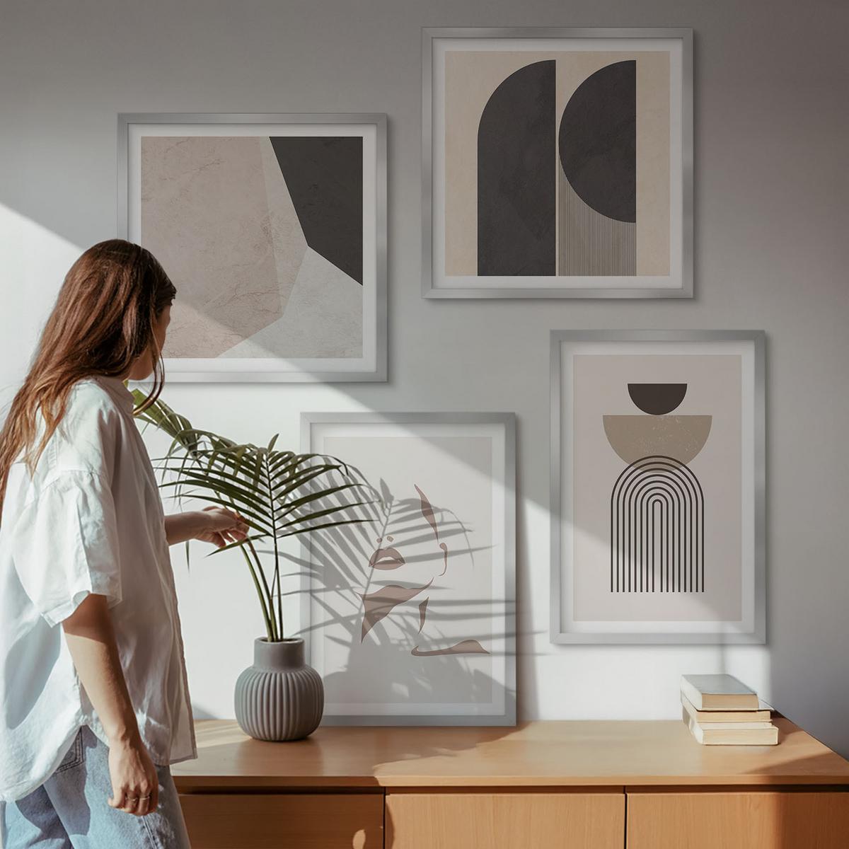 BILDER SET 4er Set - 50x50 cm & 40x60 cm Silberner Rahmen - Abstrakte weiß-braune Muster - Silberfarben, Kunststoff (50/50cm) - TULUP