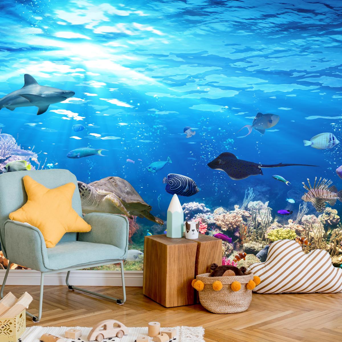 FOTOTAPETE für Badezimmer Korallenriff Schildkröte Hai Fisch 400x280 - Blau/Gelb, Papier (400/280cm) - Muralo