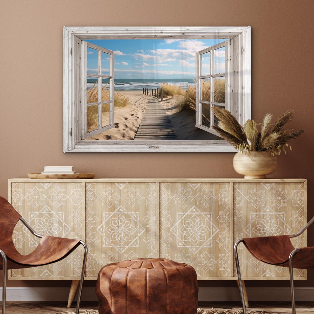ACRYLGLASBILD Fenster - Meer - Küste - Natur - Ausblick - Strand - Wattenmeer Wandbild Schlafzimmer 120x80 cm - Beige, Glas (120/80cm) - MuchoWow