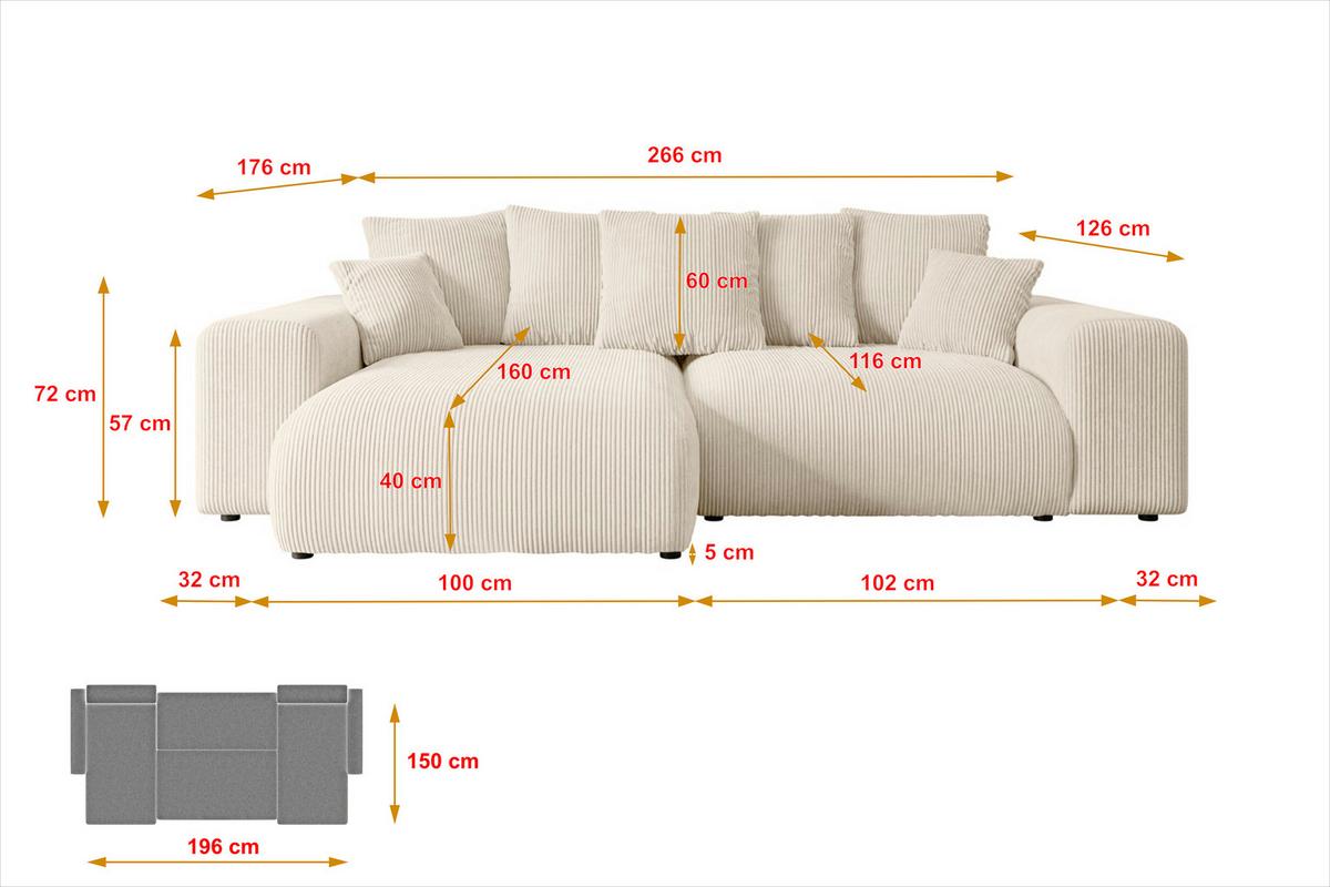 ECKSOFA Ottomane links ESKAR-L 266x176x72 Taupe Cord - Taupe/Schwarz, Holzwerkstoff/Kunststoff (266/176cm) - ALTDECOR