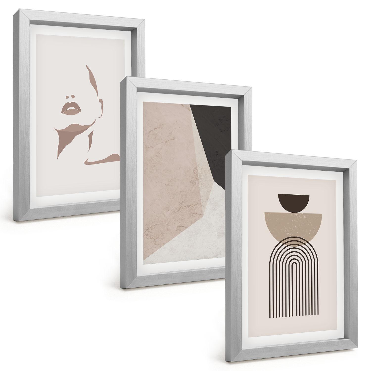 BILDER SET 3er Set - 20x30 cm Silberner Rahmen - Abstrakte Gesichtsformen - Silberfarben, Kunststoff (20/30cm) - TULUP