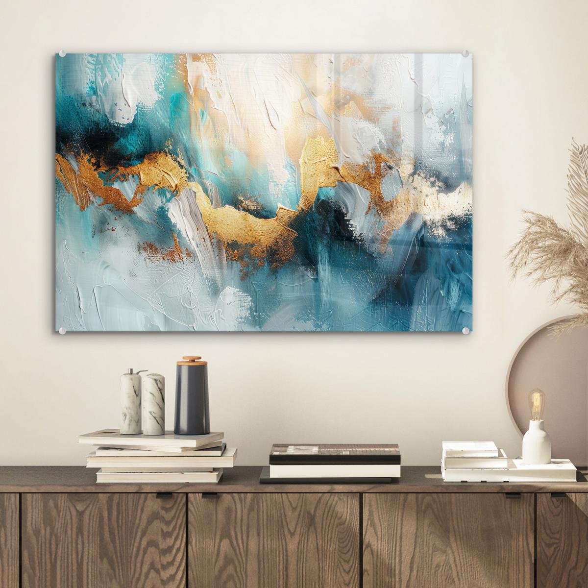 ACRYLGLASBILD Abstrakt - Kunst - Gold - Blau Wanddeko 60x40 cm - Petrol, Glas (60/40cm) - MuchoWow