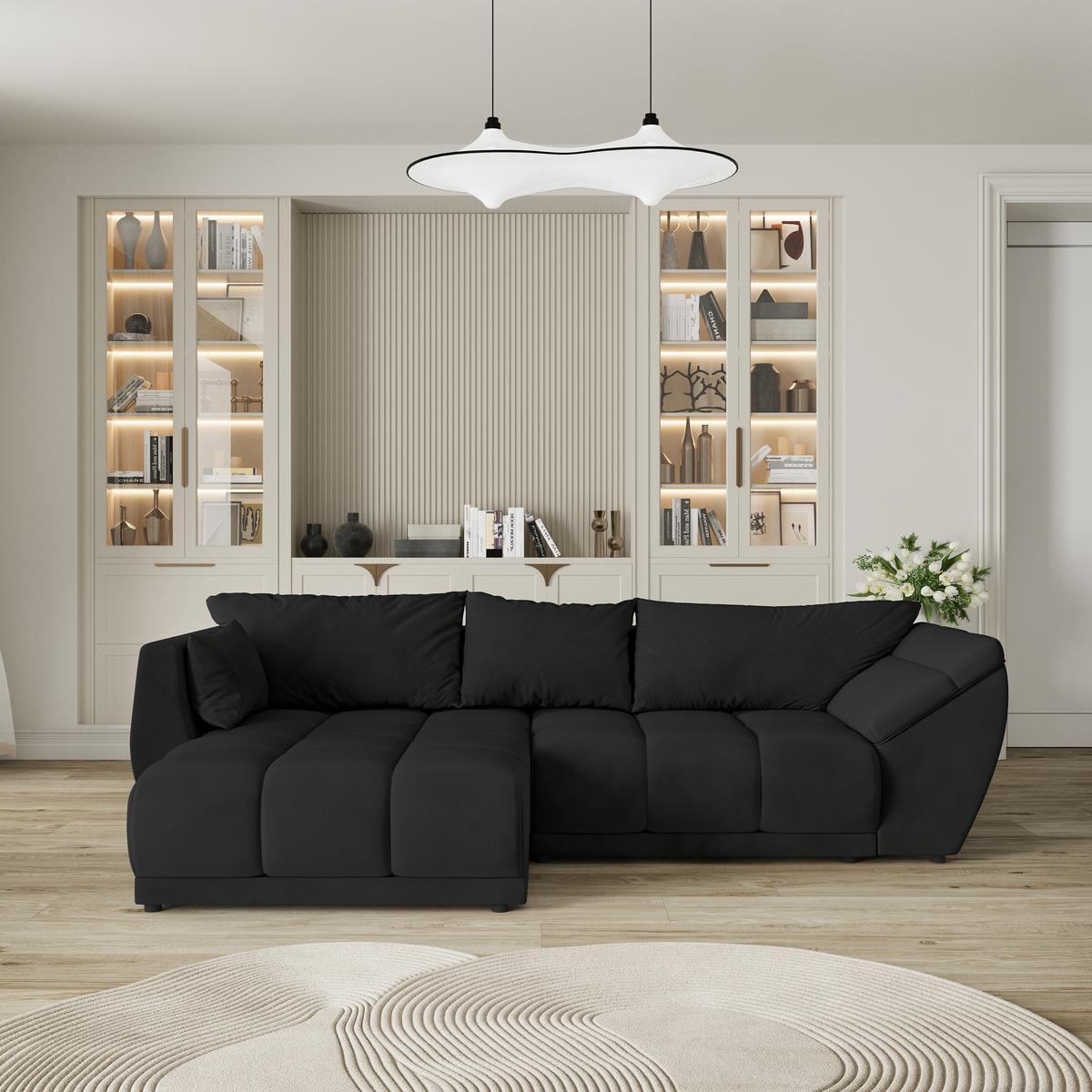 ECKSOFA ORENTI L-S Schwarz Velours-Stoff mit Schlaffunktion - Schwarz, Holz (287/182cm) - MASSENO