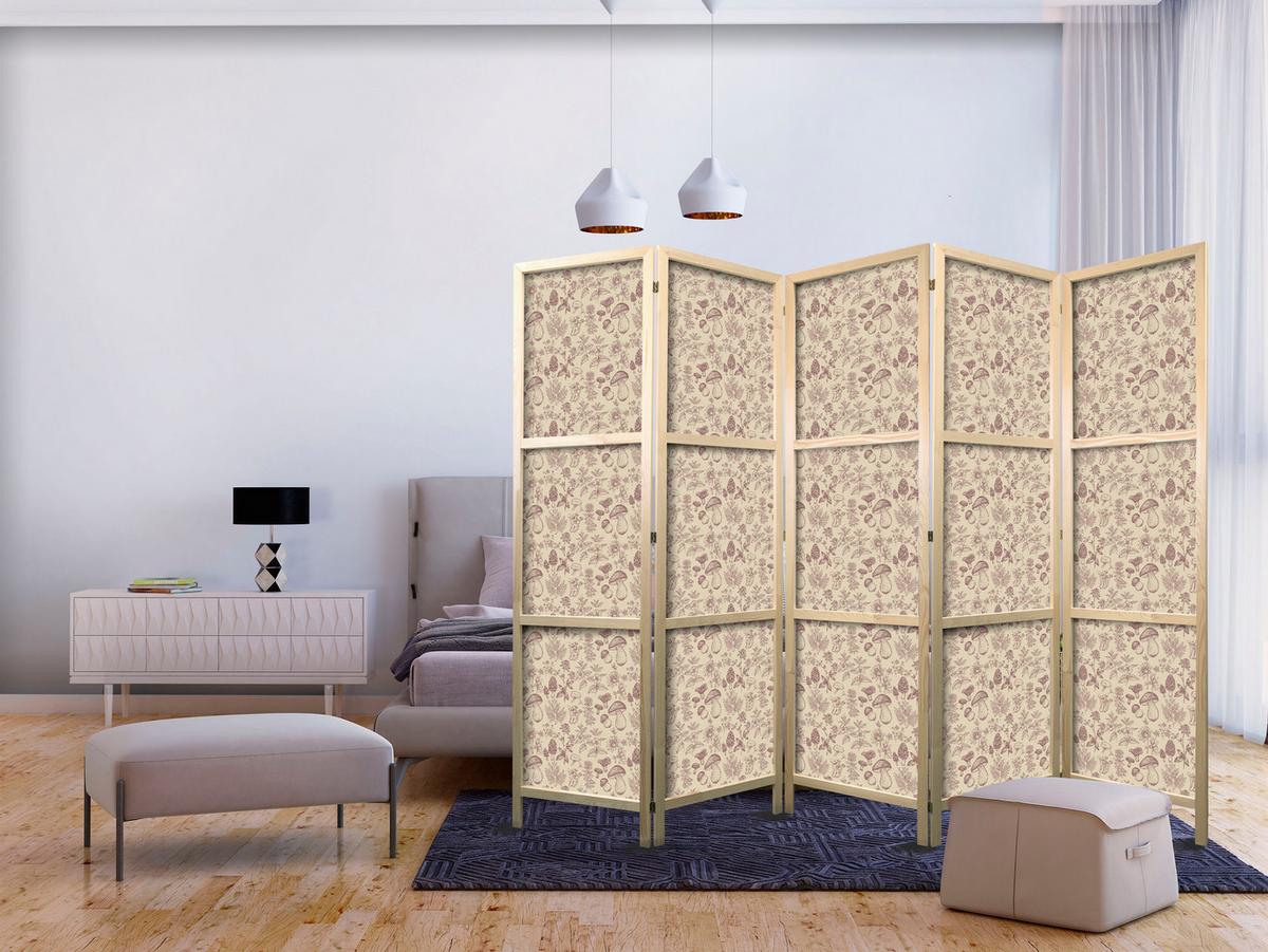 PARAVENT Japanischer 5-tlg 225x172 cm Pilze und Pflanzen - Beige, Holz/Textil (225/172/3cm) - Muralo