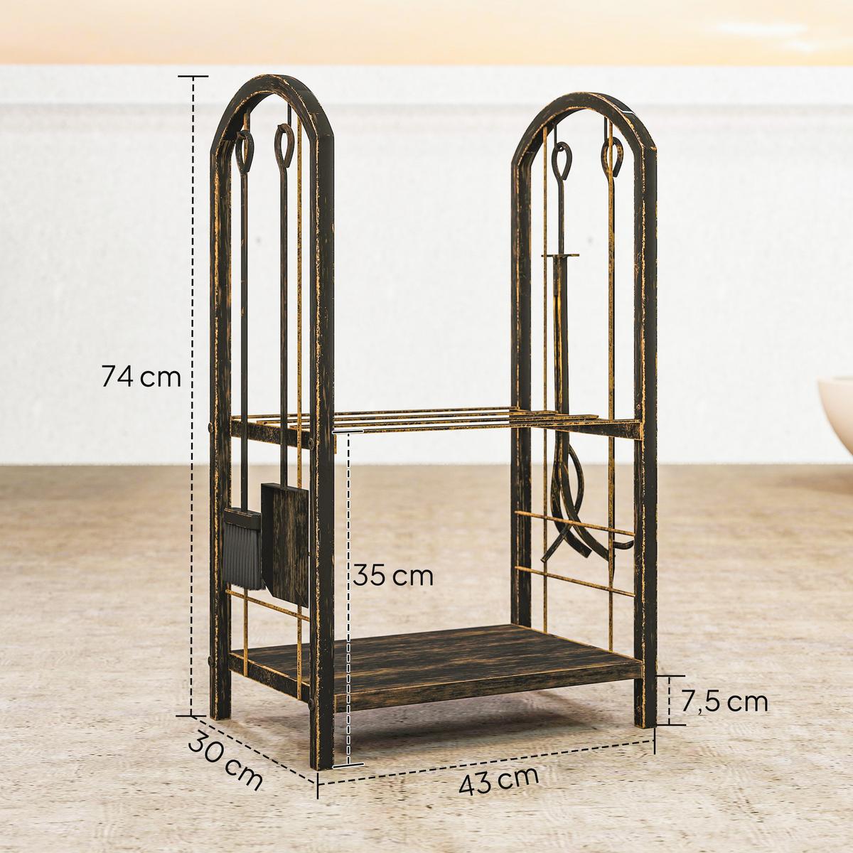 KAMINHOLZREGAL für innen 43 x 30 x 74cm 2 Ebenen Brennholzregal mit 4 Haken - Dunkelbraun, Metall (30/74/43cm) - Outsunny