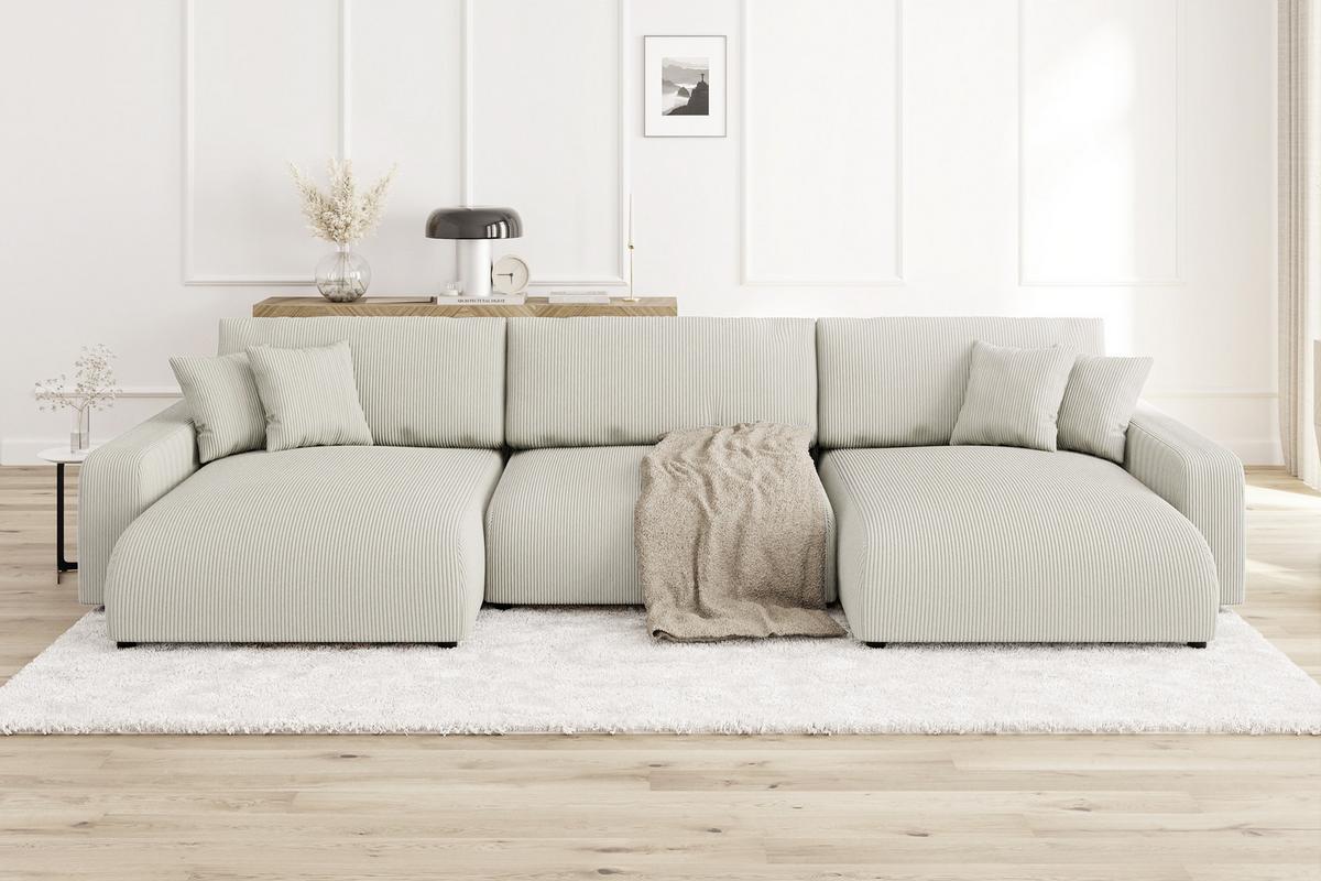 WOHNLANDSCHAFT Emma Beige Cord - Beige/Schwarz, Holz/Kunststoff (332/78/170cm) - S-Style Möbel