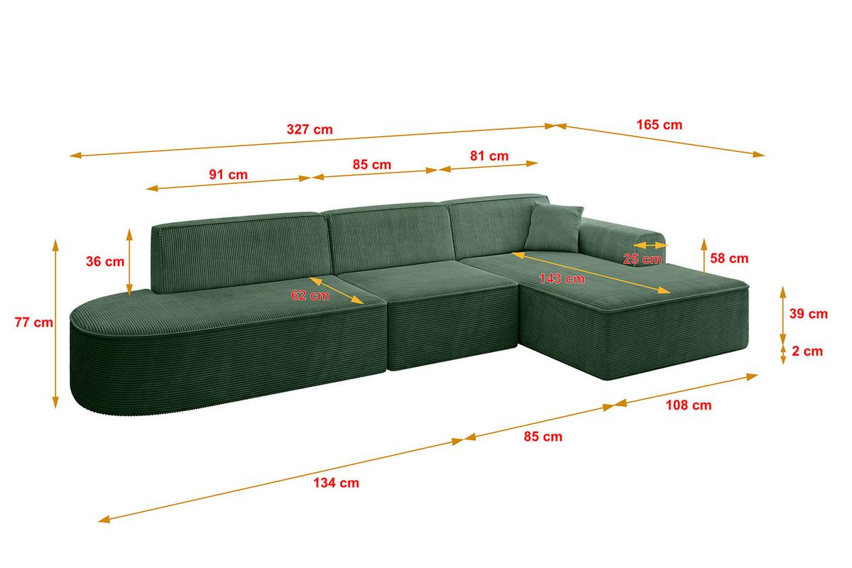 ECKSOFA Ottomane Rechts IREA-L2-v3 - 327x165x77 cm Grün - Currygelb, Holzwerkstoff/Textil (327/165cm) - ALTDECOR