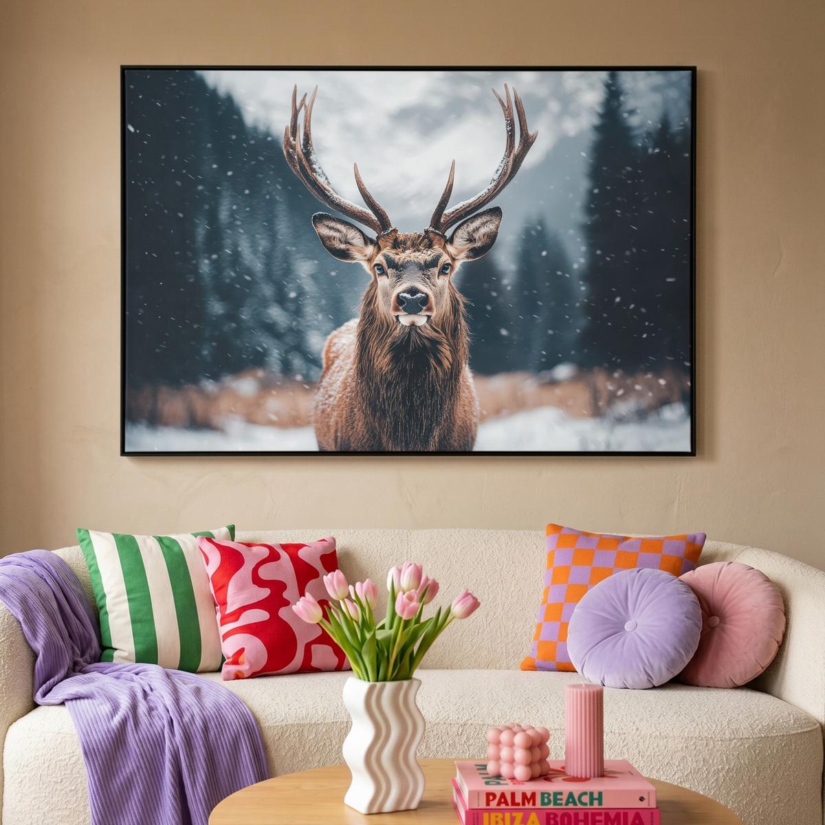 LEINWAND Bilder mit Rahmen - Hirsche - Tiere - Landschaft - Winter - Schnee - 150x100 - Kastanienfarben, Textil (150/100cm) - MuchoWow