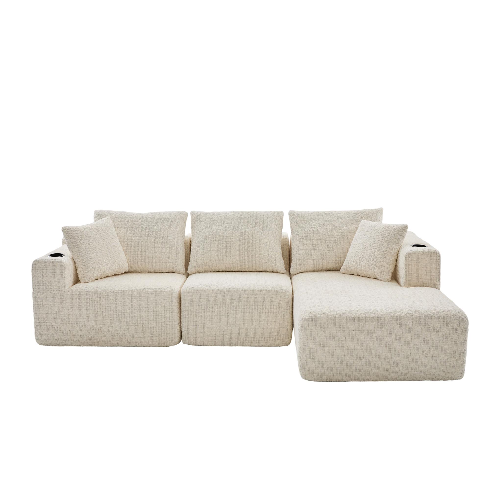 ECKSOFA Modulares L-Form Chenille mit Getränkehalter & Memory-Schaum 261cm - Beige, Textil (261/165cm) - Urban Meuble