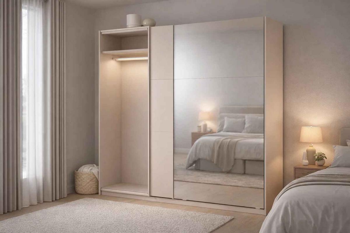 SCHWEBETÜRENSCHRANK RADEN 221/207/60cm 2-türig mit Spiegel Beige - Beige, Holzwerkstoff (221/207/60cm) - MASSENO