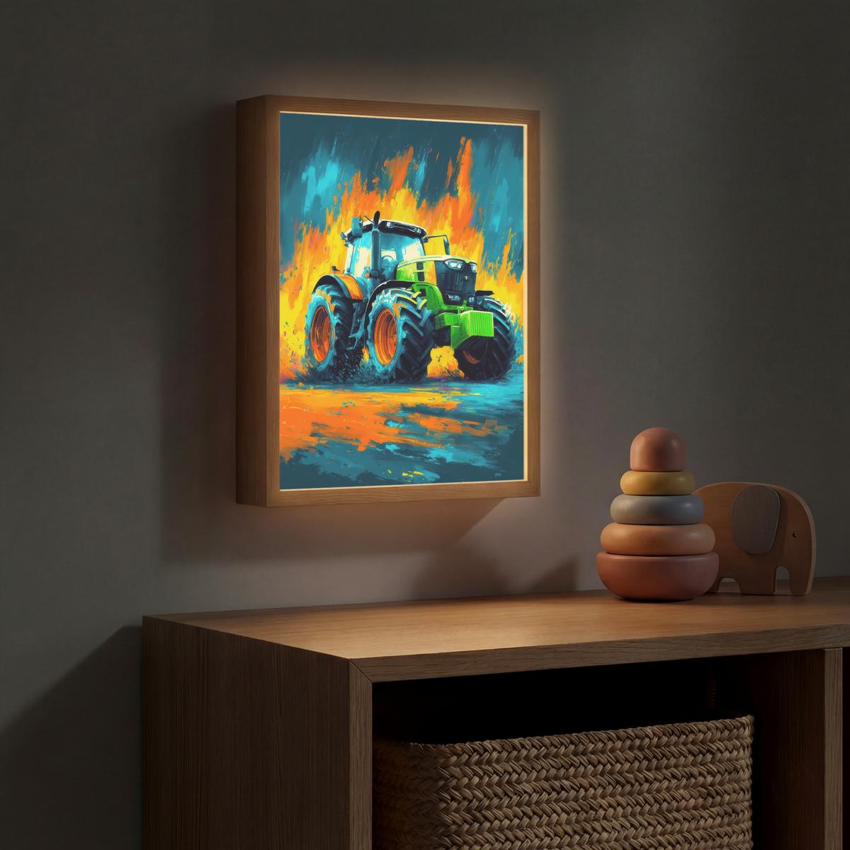 WANDLEUCHTE MIT AKKU Abstrakt - Traktor - Grün 30x40 cm - Dunkelblau, Holzwerkstoff (30/40/8cm) - OnlyWow