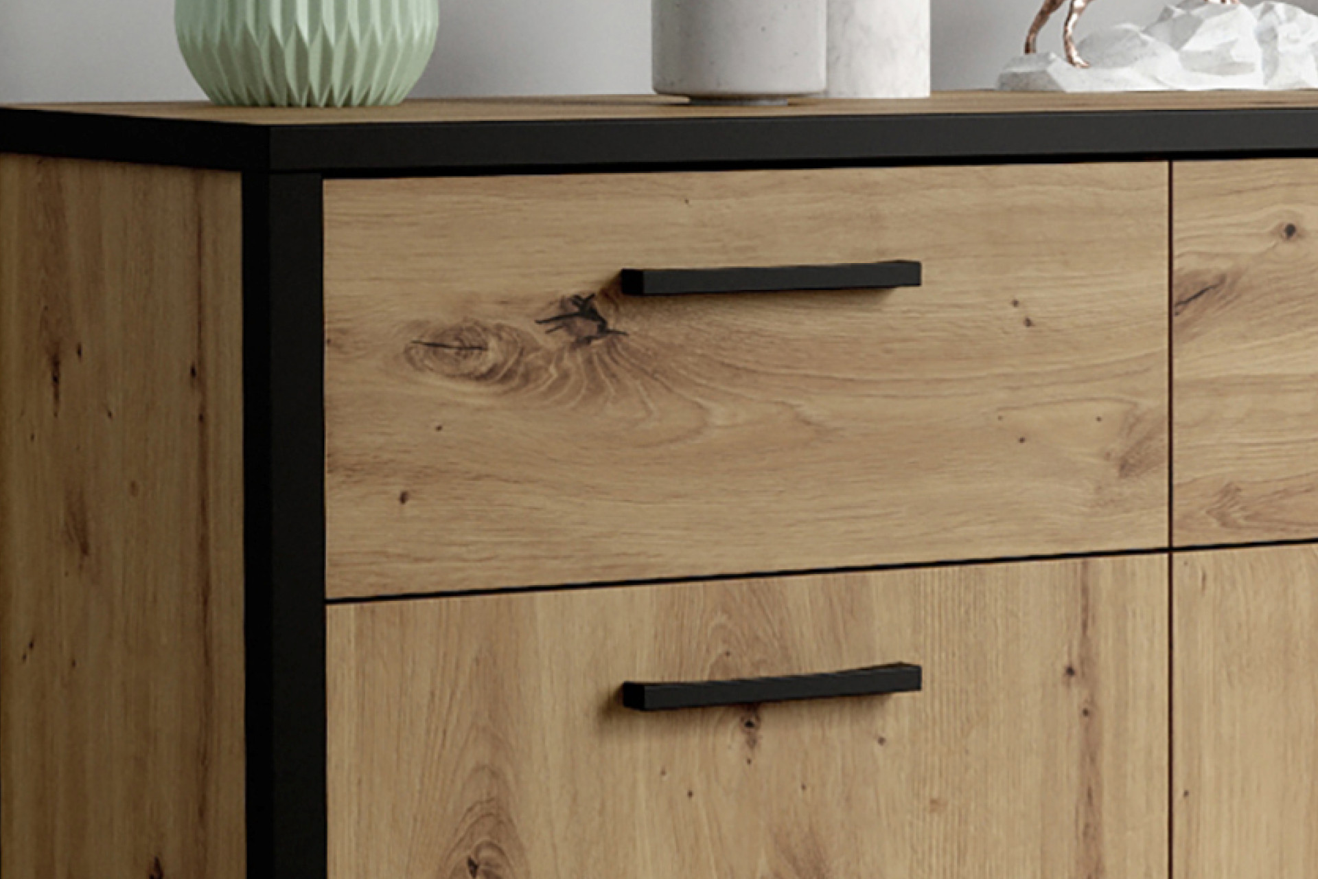 Sideboard Schwarz Eichefarben 3 Schubladen 3 Drehtüren Kantengriffe Schwarz 