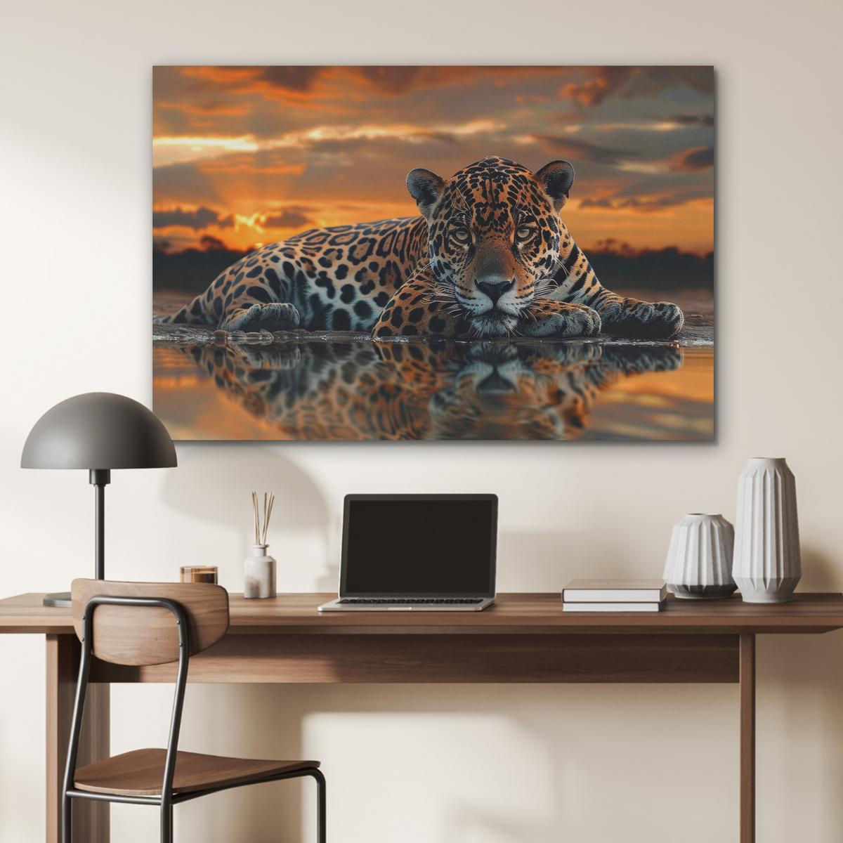 AKUSTIKBILD Natur - Leopard - Tier - Sonnenuntergang - Modern Akustikpaneele 90x60 cm - Orange, Kunststoff (90/60/0.9cm) - MuchoWow