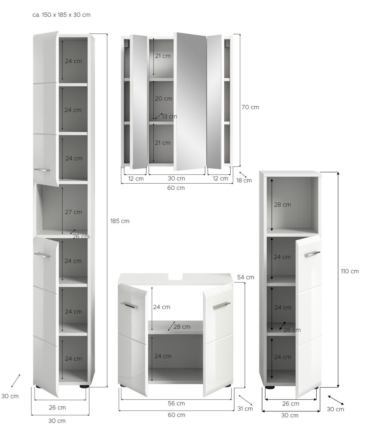 BADMÖBEL-SET weiß Hochglanz 4-teilig 150 cm, Komplettset mit viel Stauraum - Weiß Hochglanz/Silberfarben, Glas/Holzwerkstoff (150/185/30cm) - Inn.Furn