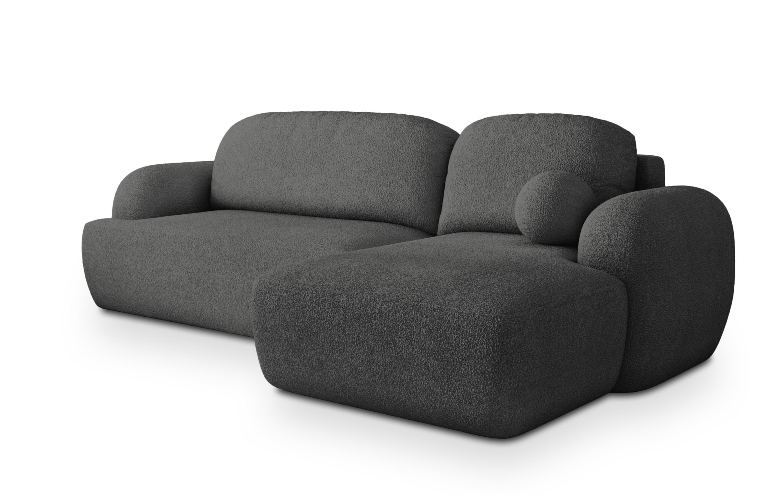 ECKSOFA MODENZA N R-S Grau Boucle-Stoff mit Schlaffunktion - Schwarz/Grau, Holz/Kunststoff (266/148cm) - MASSENO