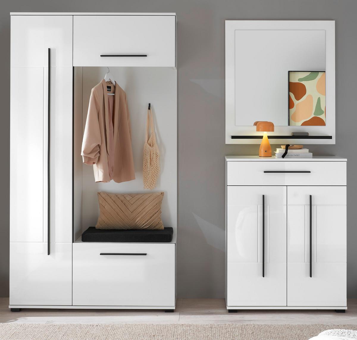 GARDEROBEN-SET weiß Hochglanz 4-teilig 200 cm, Flurgarderobe mit viel Stauraum - Dunkelgrau/Weiß Hochglanz, Glas/Holzwerkstoff (201/200/39cm) - Furn.Design