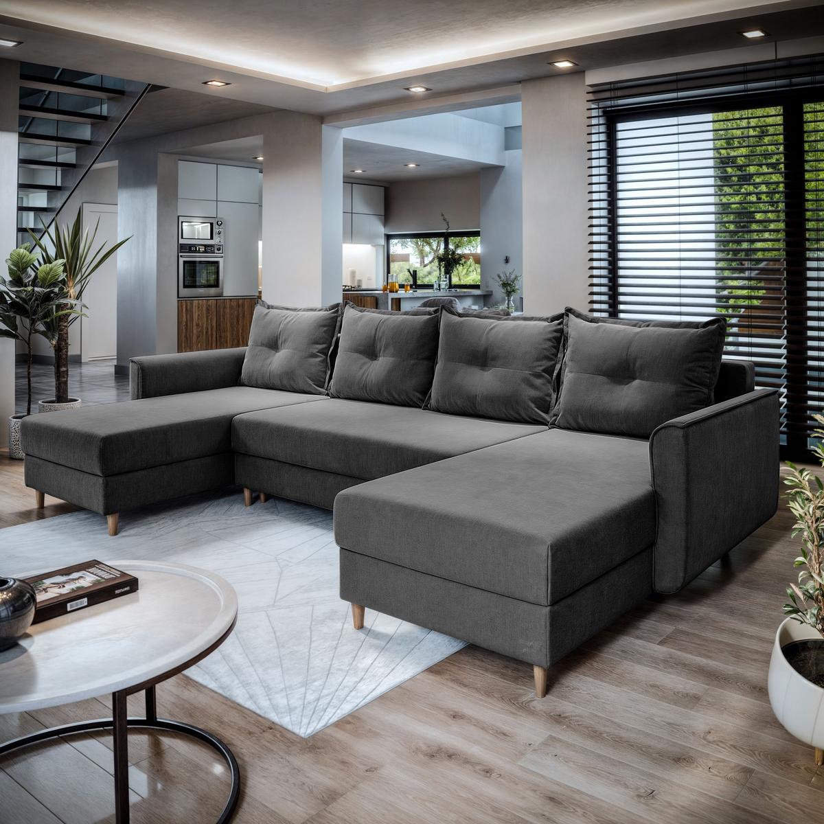 WOHNLANDSCHAFT VERNI Grau Plüsch-Stoff mit Schlaffunktion - Braun/Grau, Holz/Textil (285/91/143cm) - MASSENO
