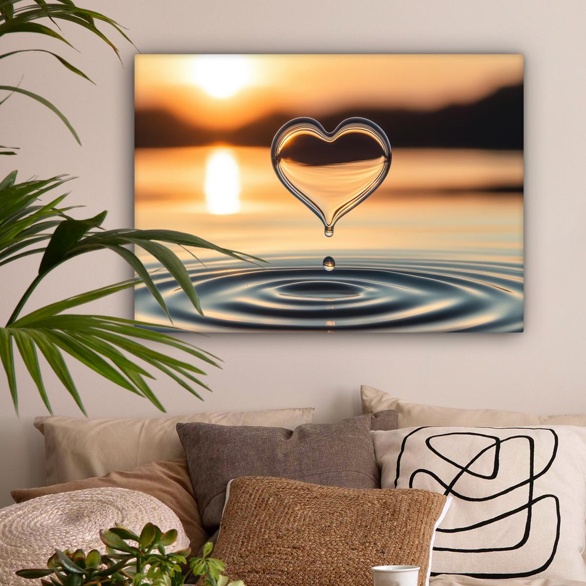 LEINWANDBILD Herz - Wasser - Sonnenuntergang - Natur - Zen Wandbilder 80x60 cm - Bernsteinfarben, Textil (80/60cm) - MuchoWow