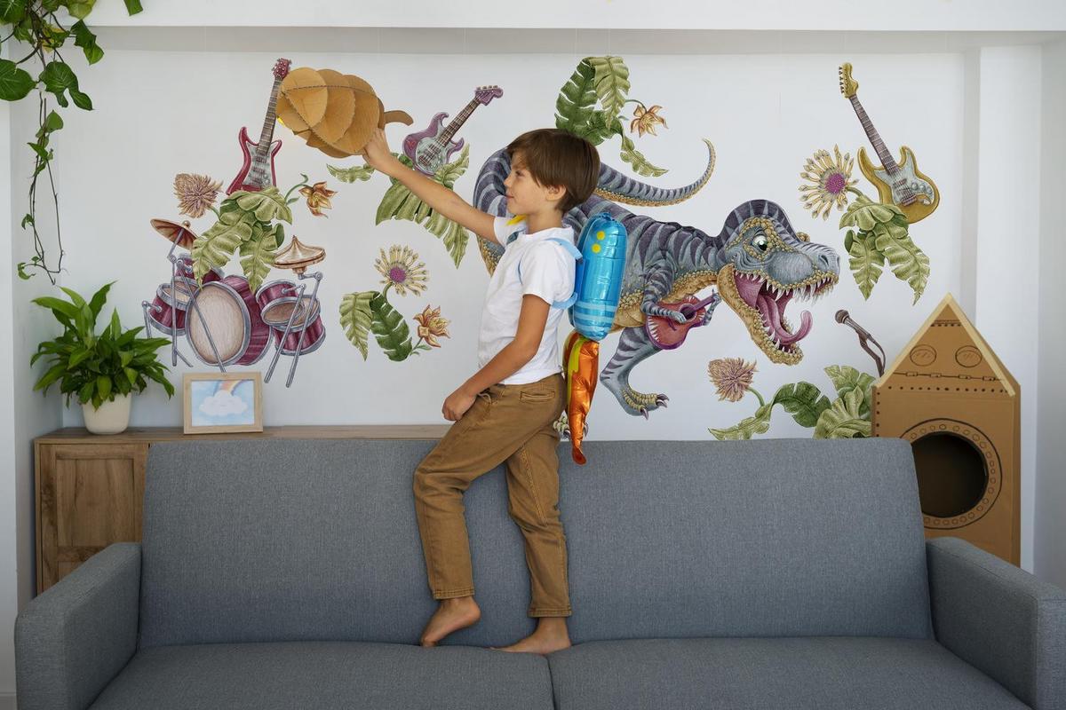 WANDAUFKLEBER 80x119cm - Musikalischer Dino - Multicolor, Kunststoff (80/119/0.1cm) - Wallfluent