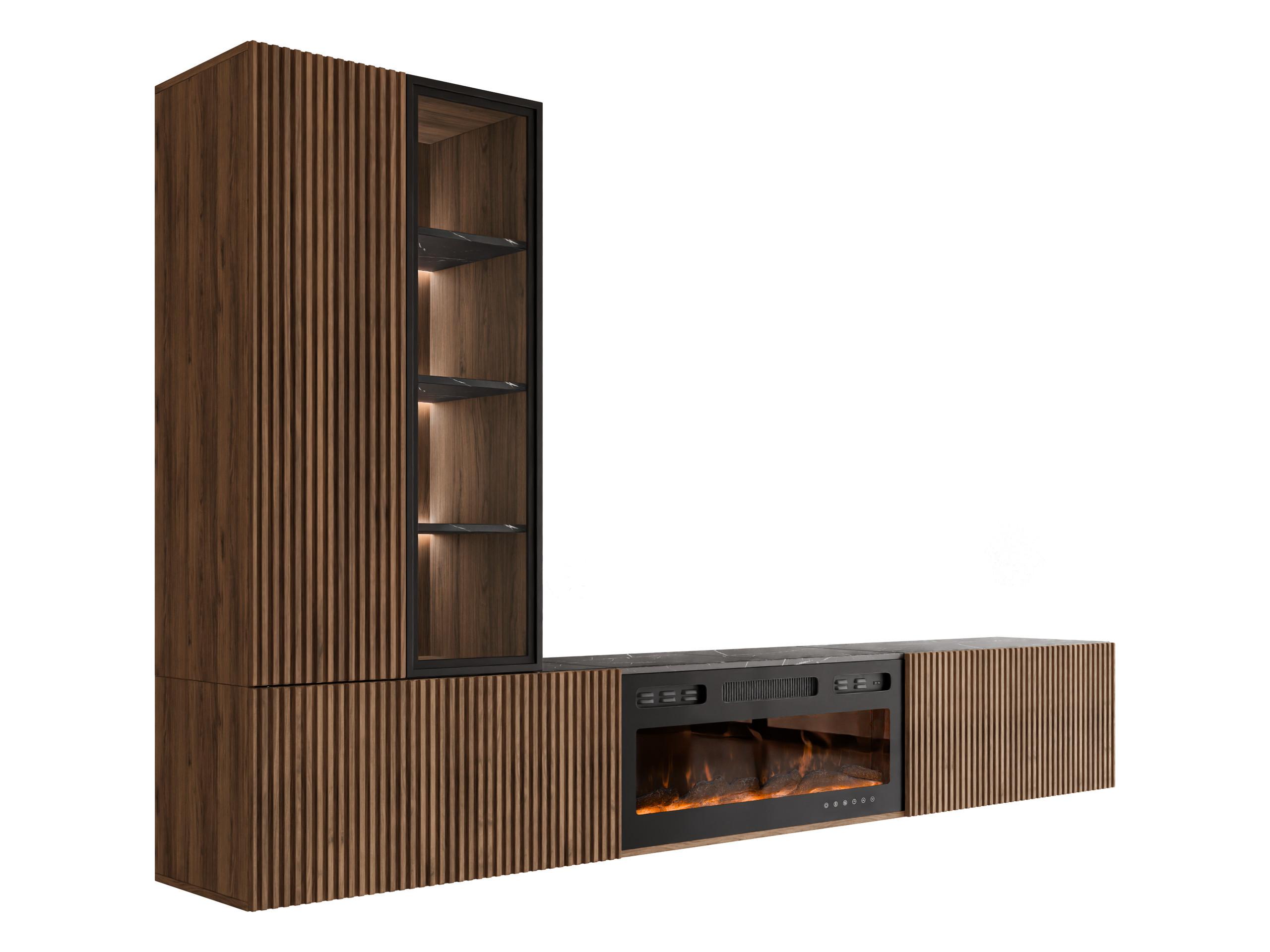 WOHNWAND Tiwori mit Kamin - Nussbaumfarben/Schwarz, Holzwerkstoff/Kunststoff (250/156/41cm) - MIRJAN24