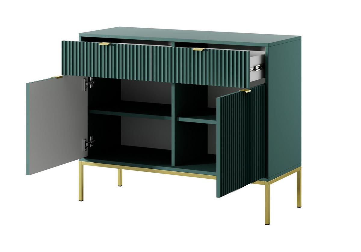 SIDEBOARD Eternas 2T 2S Grün 104/83/39 cm – goldene Füße, mit geriffelten Fronten - Goldfarben/Grün, Holzwerkstoff (104/83/39cm) - AX Living
