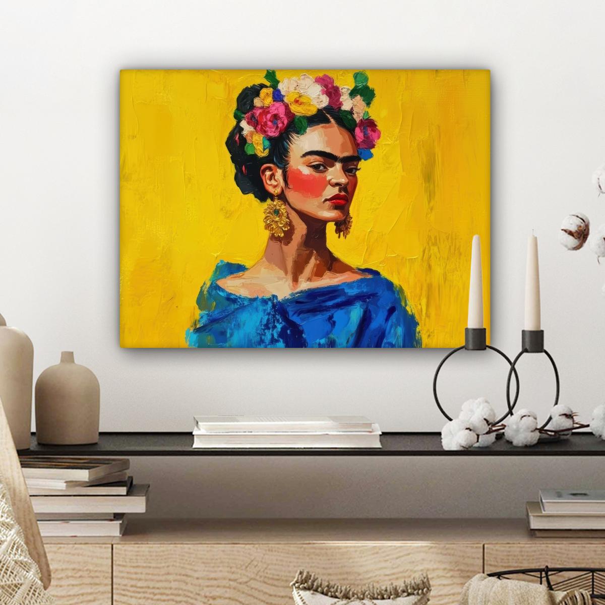 LEINWANDBILD Frida Kahlo - Frau - Gelb - Blau - Blumen Wandbild 40x30 cm - Gelb, Textil (40/30cm) - MuchoWow