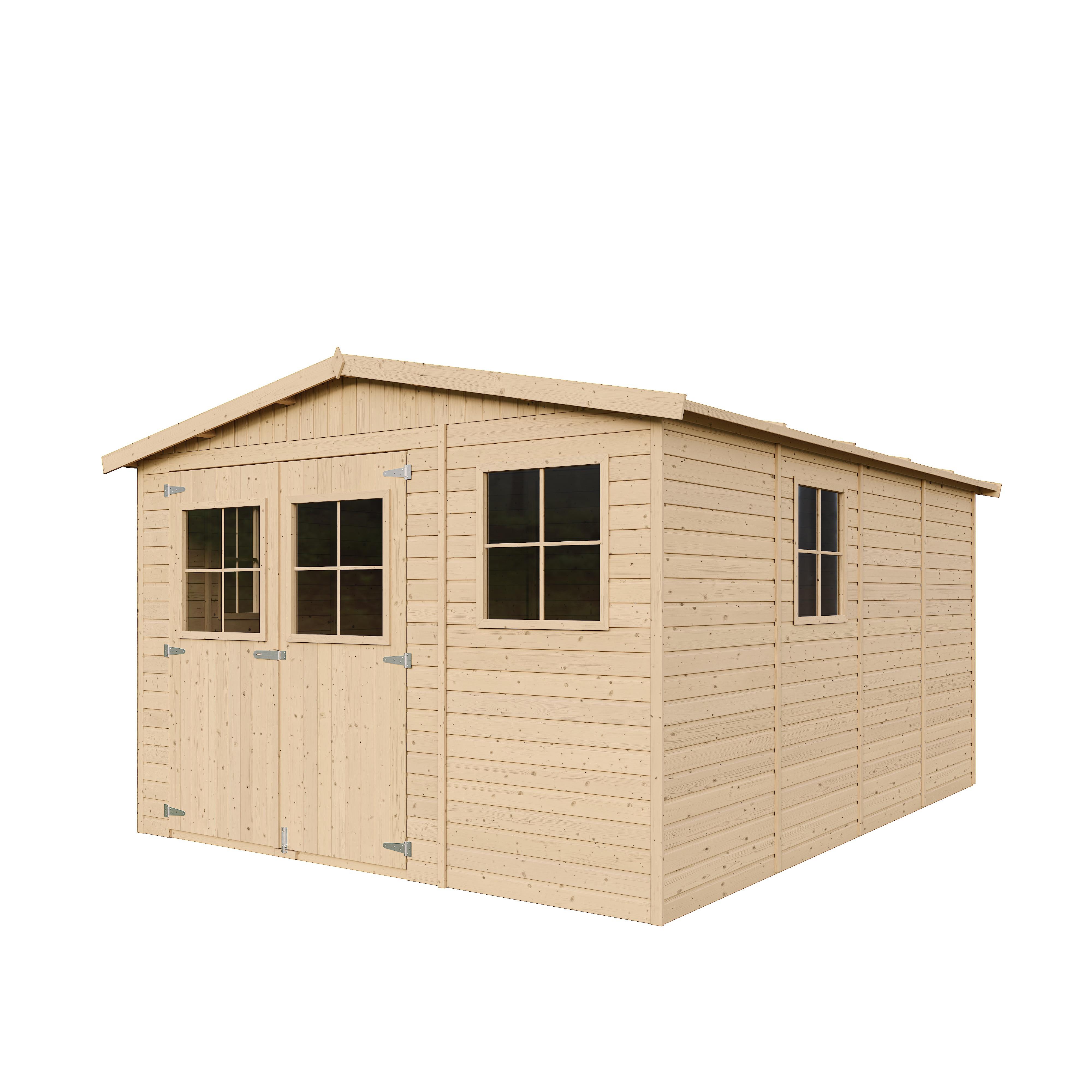 HOLZ-GARTENHAUS MIT IMPRÄGNIERTEM BODEN - H226x418x320 cm/12 m² - M336+336G - Beige, Holz (324/232/395cm) - Timbela
