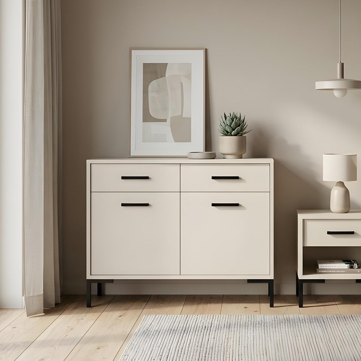 KOMMODE Selena mit 2 Türen und 2 Schubladen, Metallfüße, Selbstschließer, Kaschmir, 100 cm - Kaschmir/Schwarz, Holzwerkstoff/Metall (101/85/40cm) - Beautysofa