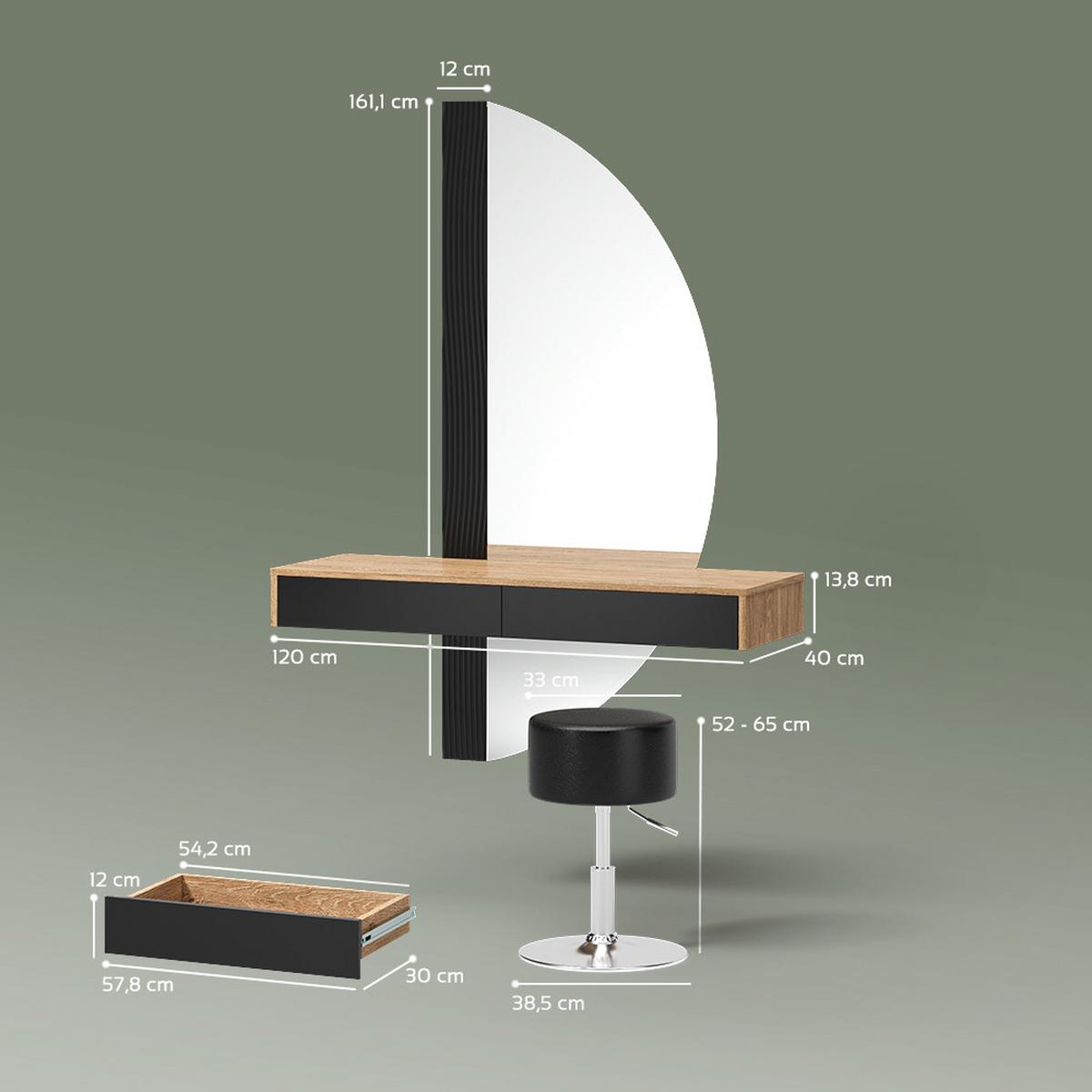 SCHMINKTISCH Ascona Schwarz mit Beleuchtung und Hocker - Schwarz, Holzwerkstoff (120/161.1/40cm) - Livinity®