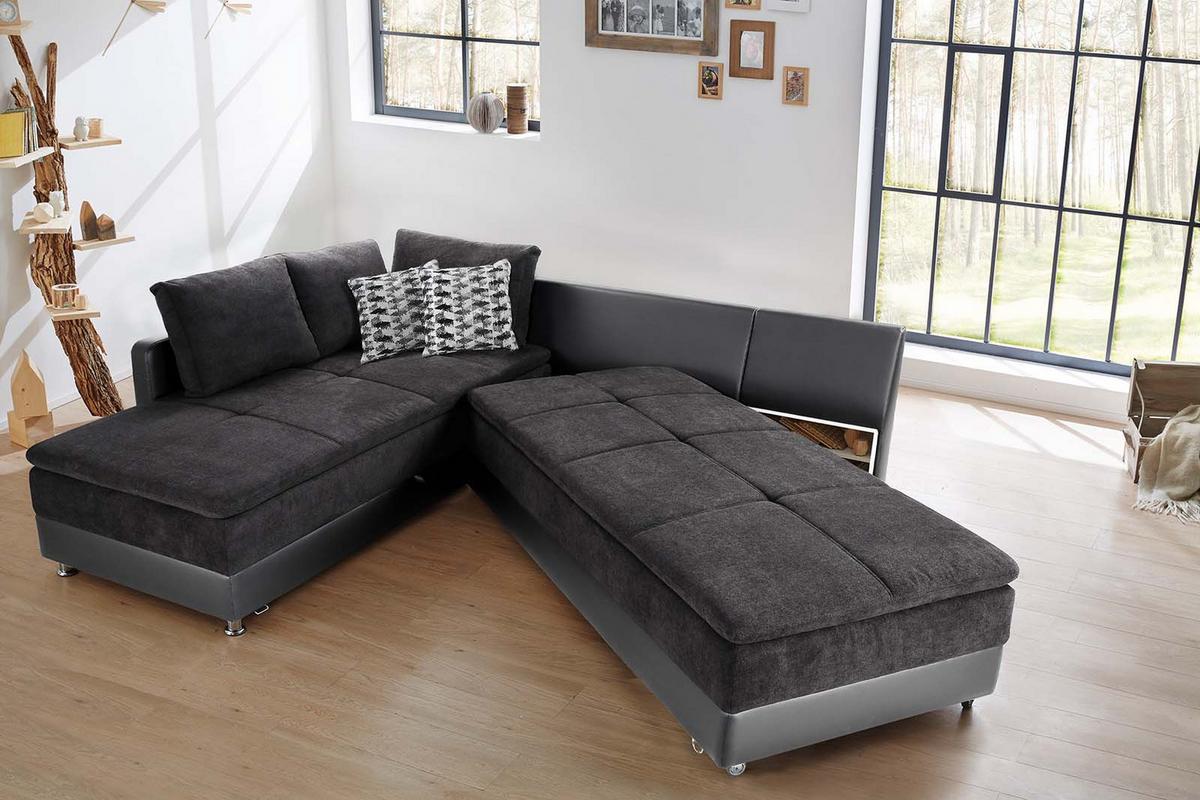 ECKSOFA-DAUERSCHLÄFER Doppelbett Boxspring Federkern Topper, Schwenkteil rechts B306/T223/H95 cm, Kunstleder Grau+Mikrofaser Anthrazit / 15106 - Chromfarben/Anthrazit, Kunststoff/Textil (306/223cm) - luma-home