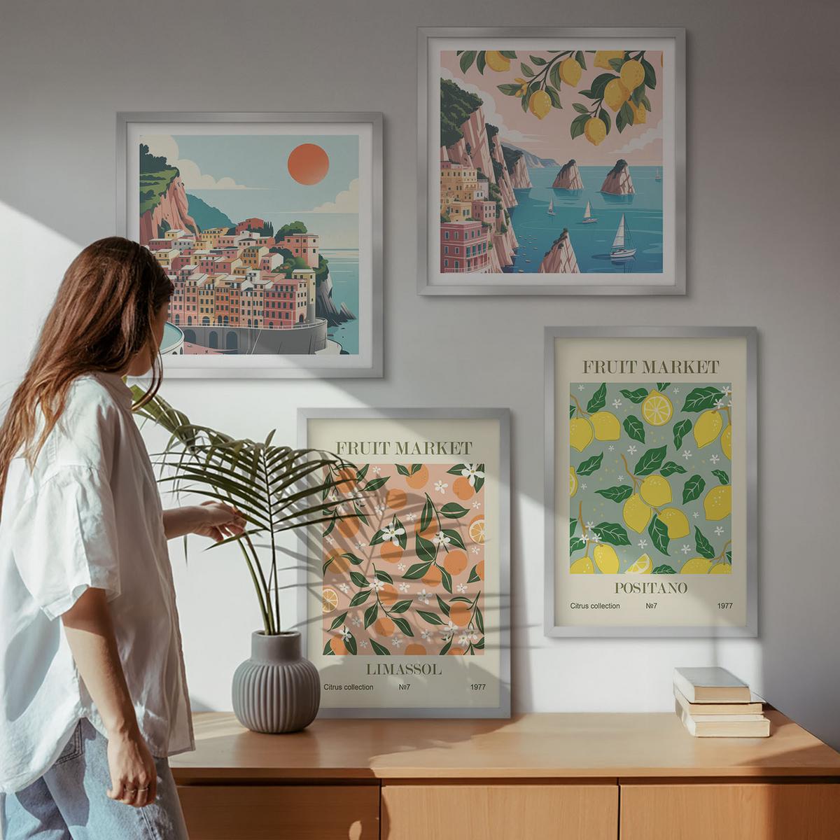 BILDER SET 4er Set - 50x50 cm & 40x60 cm Silberner Rahmen - Zitrusfrüchte der italienischen Tropen - Silberfarben, Kunststoff (50/50cm) - TULUP