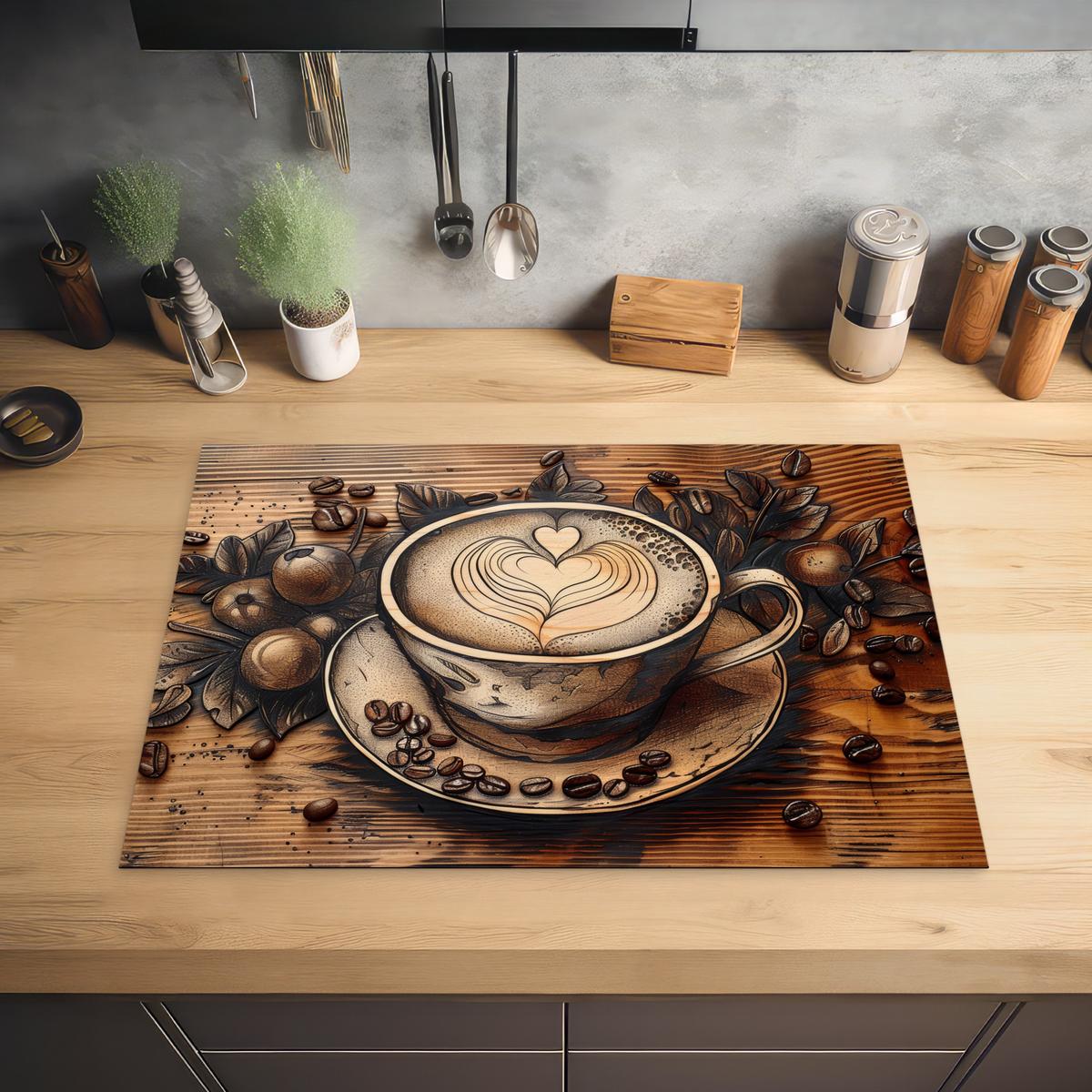 HERDABDECKPLATTE Kaffee - Vintage - Braun - Tasse - Holz Herdabdeckung Induktionsfeld 75x52 cm - Cappuccino, Kunststoff (75/52/0.2cm) - MuchoWow