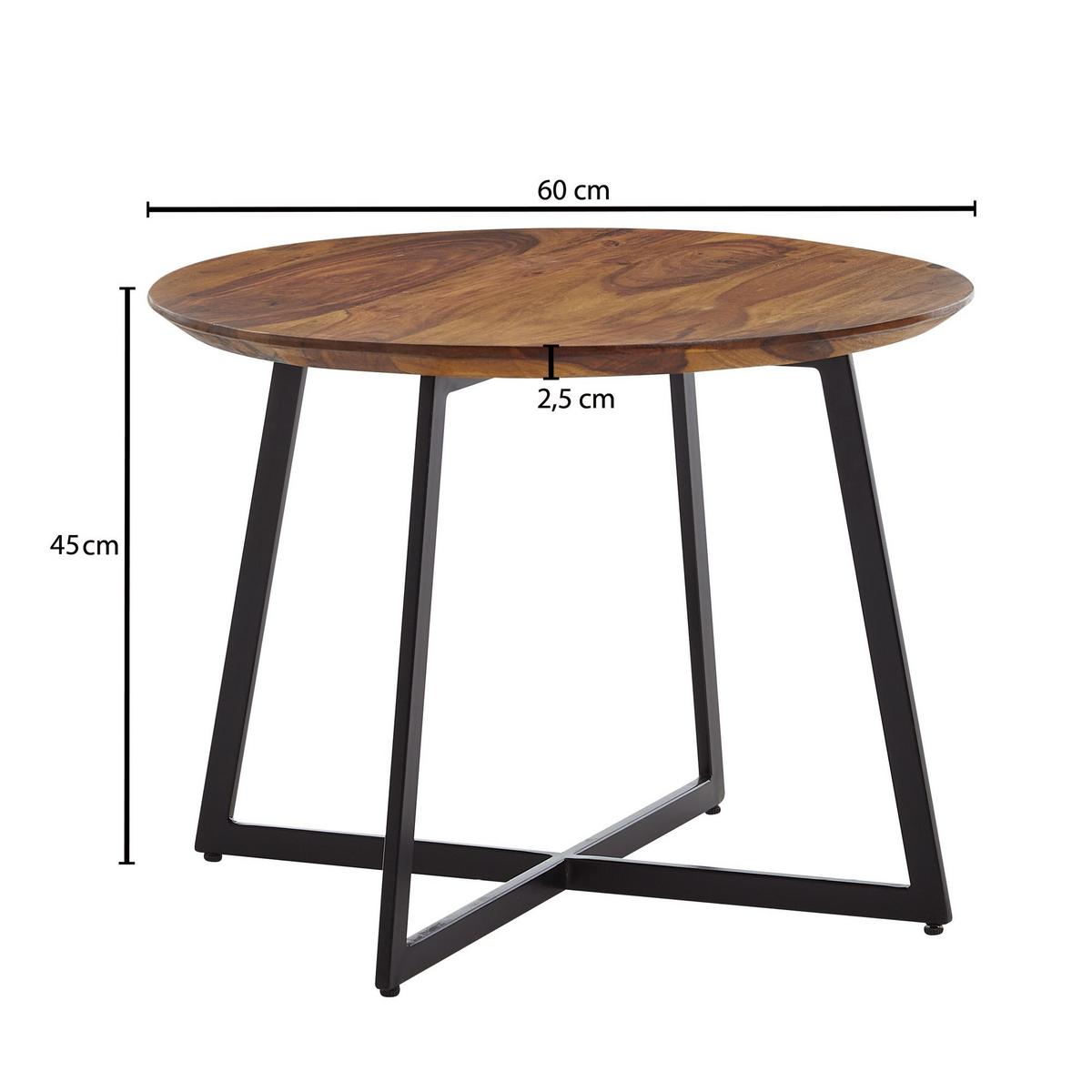 COUCHTISCH Rund Modern aus Sheesham Massivholz mit Metall, 60x60x45cm - Schwarz/Braun, Holz/Metall (60/60/45cm) - KADIMA DESIGN