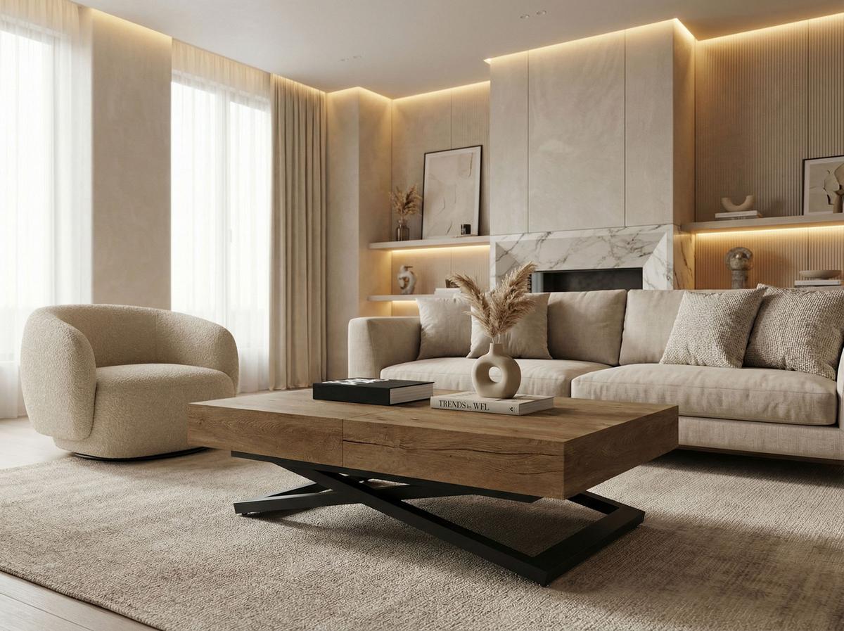 COUCHTISCH Cavetta U höhenverstellbar ausziehbar, Lefkas Eiche 120-200/80/27-76 cm - Alteiche/Schwarz, Holzwerkstoff/Metall (80/200/76cm) - WFL GROUP