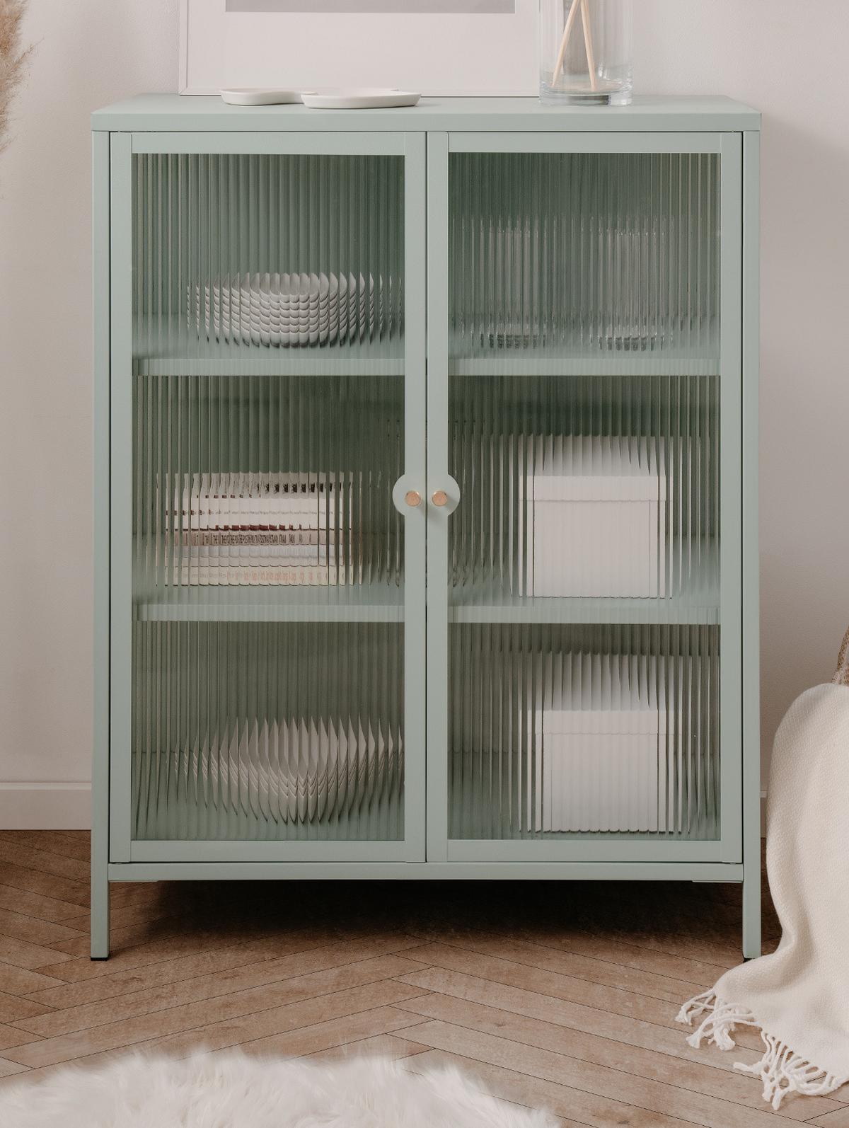 KOMMODE Metall mintgrün 80 cm, Vitrine mit stabilem Metallgestell - Goldfarben/Mintgrün, Glas/Metall (80/101.5/40cm) - Furn.Design