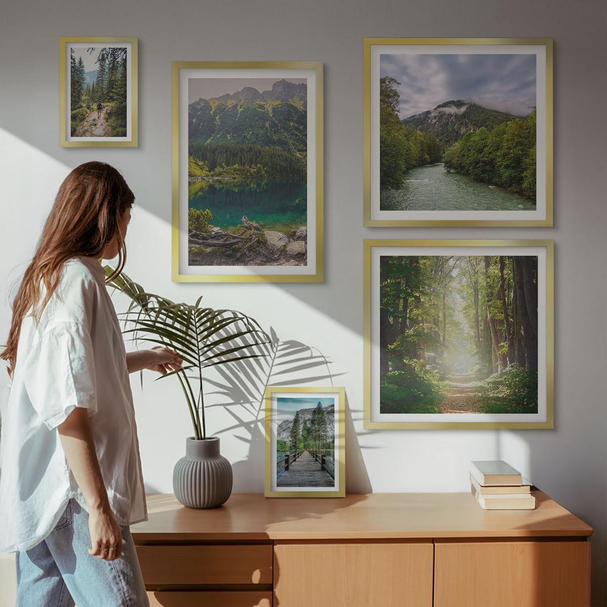 BILDER SET 5er Set - 50x50 cm & 20x30 cm & 40x60 cm Goldrahmen - Straße Wald Berge Hirsch Natur - Goldfarben, Kunststoff (40/60cm) - TULUP