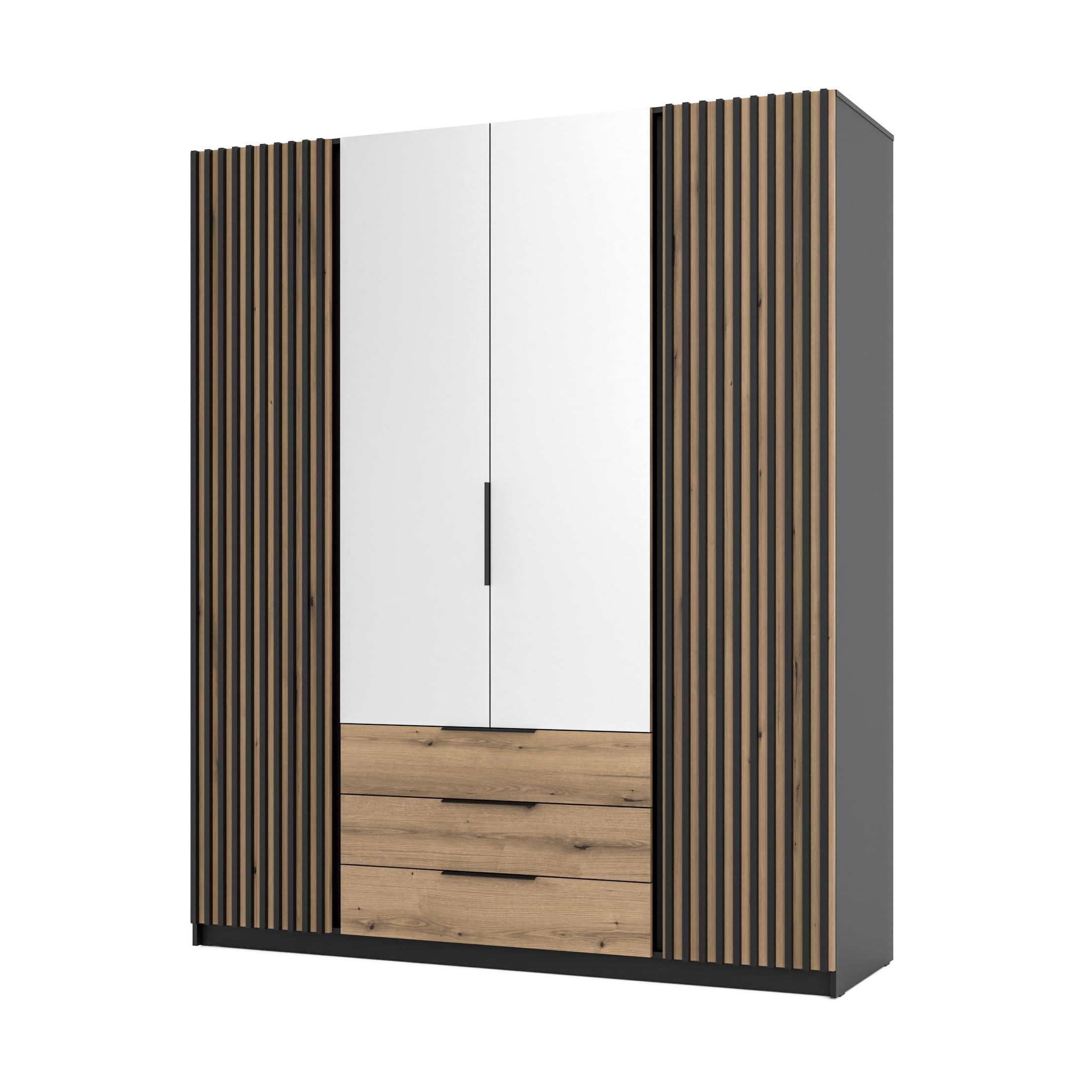 KLEIDERSCHRANK Nehir Korpus Schwarz, Front Eiche Evoke/Schwarz 200 cm - 4T3S Modern mit Schubladen, Lamellentüren außen und Spiegeln mittig - Eichefarben/Schwarz, Holzwerkstoff/Kunststoff (200/239/61.9cm) - AX Living