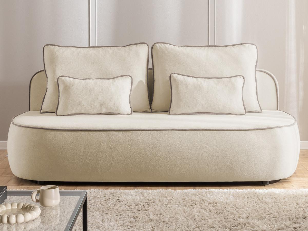 KINDERSOFA Vero im modernen und abgerundeten Design mit Schlaffunktion und Bettkasten aus Beige Plüschstoff mit tauper Paspel - Beige/Schwarz, Holz/Kunststoff (210/90/98cm) - S-Style Möbel