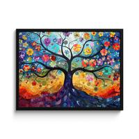 POSTER MIT RAHMENGERAHMTES BILD Kunst - Baum des Lebens - Blumen - Hippie 80x60 cm - Dunkelblau, Papier (80/60cm) - MuchoWow