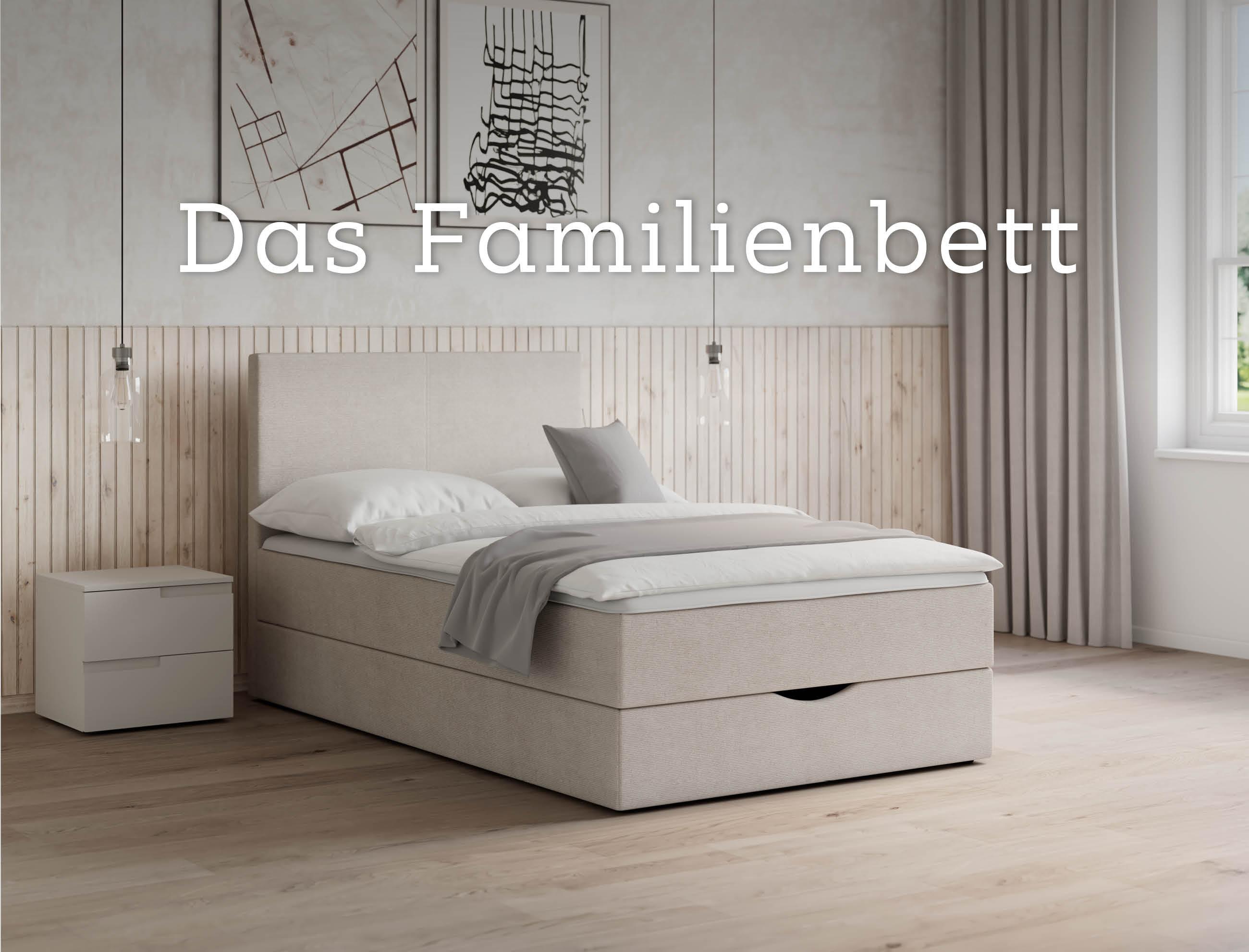 Helles Bett mit Nachtkästchen vor heller Holzwand, Das Familienbett, mobile