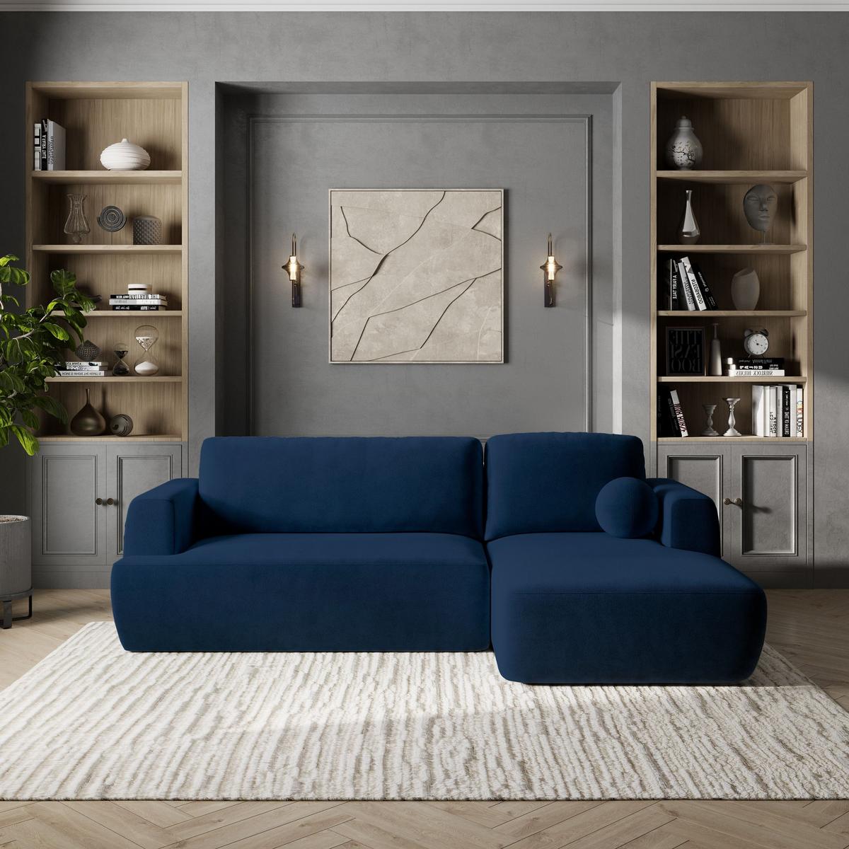 ECKSOFA SENTI K R-S Blau Plüsch-Stoff mit Schlaffunktion - Blau/Schwarz, Holz/Kunststoff (246/148cm) - MASSENO