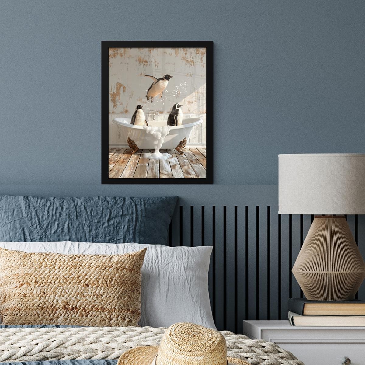 POSTER MIT RAHMEN Vintage - Pinguin - Badewanne - Schaumstoff Bilderrahmen 30x40 cm - Schwarz, Papier (30/40cm) - MuchoWow