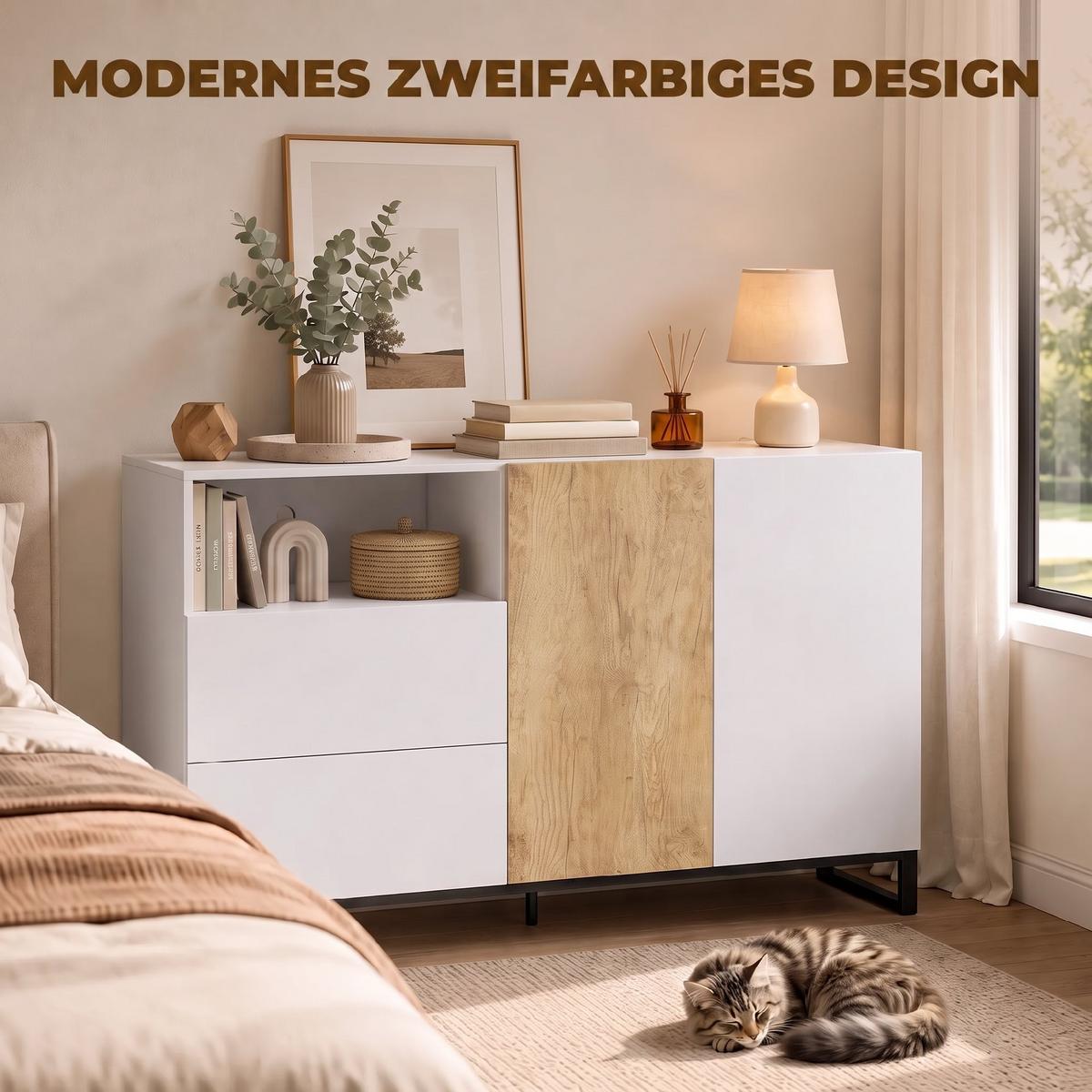 SIDEBOARD Spanplatte Stahl Weiß Eiche - Eichefarben/Schwarz, Holzwerkstoff/Metall (40/85/140cm) - HOMCOM