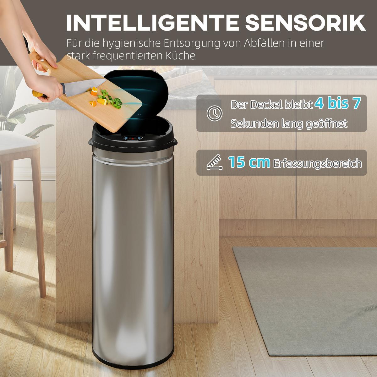 MÜLLEIMER mit Sensor 50L Edelstahl Automatischer Mülleimer mit Soft-Close-Deckel - Silberfarben, Metall (30.5/85/30.5cm) - HOMCOM