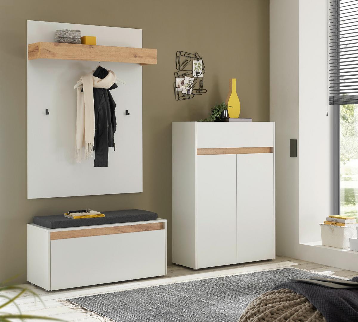 GARDEROBEN-SET weiß matt, Eiche Wotan 4-teilig 195 cm, Sitzbank inklusive Sitzkissen - Eiche Wotan/Schwarz, Holzwerkstoff/Kunststoff (195/200/40cm) - Furn.Design